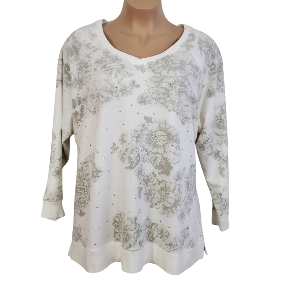 Avenue Womens Plus Floral Print Embellished 3/4 Sleeve Fleece Top ~ Pre-Owned